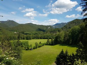 Auf einer Landschaftsaufnahme sind Wälder, Berge und Wiesen an einem sonnigen Sommertag zu sehen.